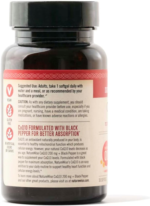 NatureWise CoQ10 200mg Softgels, High Absorption CoQ10 with BioPerine Black Pepper - Antioxidant for Heart Health + Cellular Energy - Vegan, Non-G...