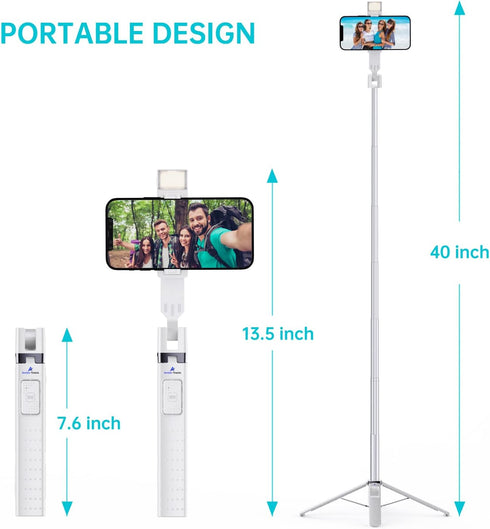 Ambertronix 40” Selfie Stick Tripod Quadrapod, Onboard Light, Wireless Bluetooth Remote, Extendable, Stainless Steel, 3 Light Modes, 9 Brightness ...
