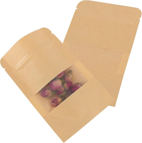 SHEUTSAN 500 Pack Kraft Bags with Window, 3.5 x 5.5 Inches Stand Up Storage Pouches Ziplock Sealing Packaging Paper Bag Resealable Sample Bags for...