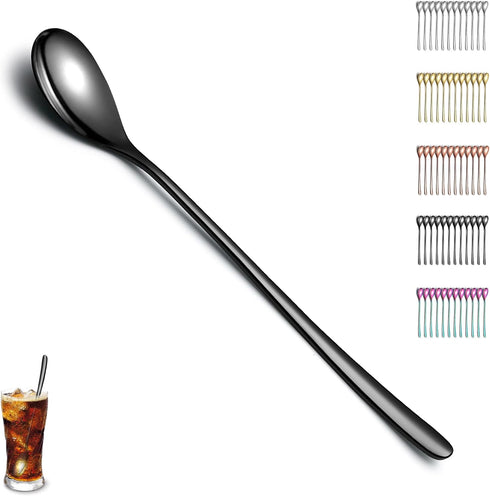 Black Long Handle Iced Tea Spoon Set of 12 Pieces, Titanium Plating Black Stainless Steel Teaspoons, Stirring Bar Spoon, Coffee Spoon, Ice Cream S...