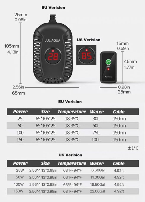Aquarium Heater with Temperature Display, Adjust Aquarium Heater, Heating Rod for Fish, Heater for Turtle 25W/50W/100W/150W...