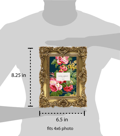 Laura Ashley 4x4 Gold Ornate Textured Hand-Crafted Resin Picture Frame with Easel & Hook for Tabletop & Wall Display, Decorative Floral Design Hom...