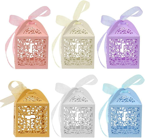 VIVIQUEN Baptism Favor Boxes, Laser Cut Cross Favor Boxes with 50 Ribbons for Baby Shower, Christening, Bomboniere Wedding Party Decorations (Pure...