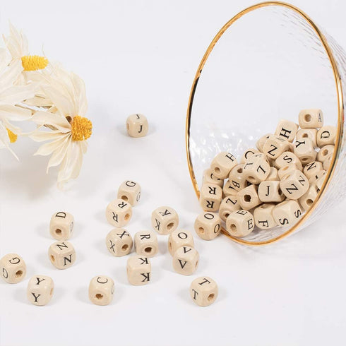 PH PandaHall 1060pcs 10mm Alphabet Wooden Beads Random Natural Square Wooden Beads 3~4mm Hole Wood Loose Bead with Initial Letter Cube Bead for Je...