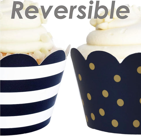 Navy Blue and Gold Cupcake Wrappers - Reversible Party Decoration Supplies, Sailor Theme, Nautical Baby Shower, Military Retirement, Police Birthd...