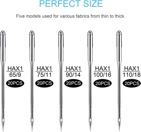 Sewing Machine Needles, 100 PCS Universal Sewing Machine Needle, Compatible with Singer, Brother, Janome, Varmax, Sizes HAX1 65/9, 75/11, 90/14, 1...