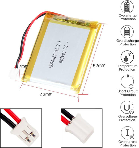 3.7V 1700mAh 704250 Lithium Polymer Ion Battery Rechargeable Lipo Battery with PH 2.0mm Pitch Connector...