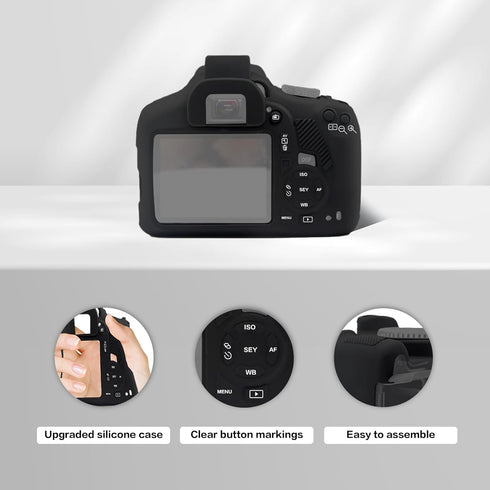 Soft Silicone Camera Case Cover for Canon Rebel T6/1300D, T7/1500D DSLR - Black with Button Marking...