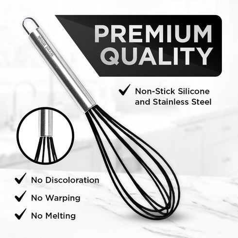 Silicone Whisk Set of 3 - Stainless Steel & Silicone Non-Stick Coating – wisking tool, Whisking, mini whisk, whisks for cooking (12-inch, 10-inch ...