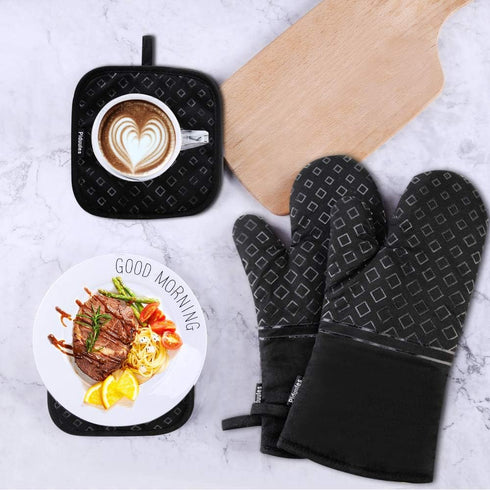 Set of 4 Oven Mitts and Pot Holders, 482 F Heat Resistant Hot Plate Moving Non-Slip Gloves for BBQ, Grill, Baking, Cooking, Oven, Microwave (Black...