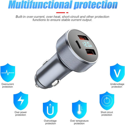 72W Fast Car Charger Adapter, Dual USB Fast Charging Type C Car Charger with LED Display Adapter, QC 3.0 PD Cigarette Lighter Adapter for Laptop S...