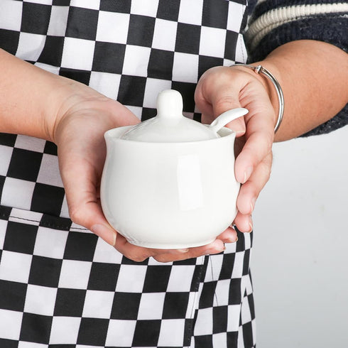Ceramic Sugar Bowl with Lid and Spoon, Porcelain Salt Storage Jar, White Seasoning Container for Home and Kitchen, 7 Ounces (White)...