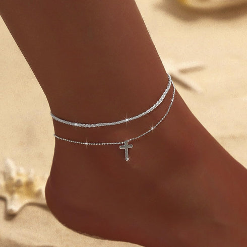 Ankle Bracelets for Women Gold Silver Layered Glitter Anklet for Women Waterproof Beach Cross Anklet Set Dainty Summer Foot Jewelry Gift...