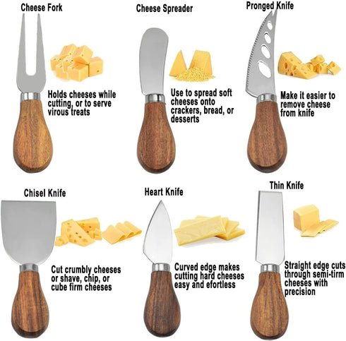 6-Piece Cheese Knife Set, Cheese Knives Cheese Knife Set Wooden Handle Stainless Steel Cheese Slicer Fork Spreader for Cheese Butter Pizza Cake Cu...