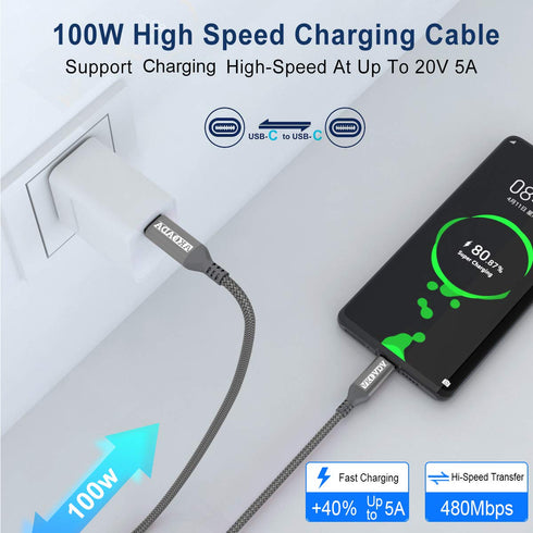 AkoaDa USB C to USB C 100W Cable 10 FT 2Pack, 5A Fast Charging USB C Charger Cable for iPhone 15/15 Pro/15 Plus/15 Pro Max, MacBook Pro2020, iPad ...