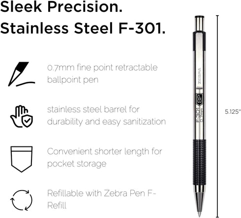 Zebra Pen F-301 Retractable Ballpoint Pen, Stainless Steel Barrel, Bold Point, 1.6mm, Black Ink, 1-Pack......