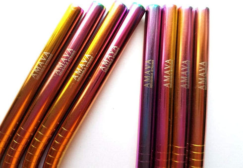 Reusable Straws Set, Stainless Steel Metal, Colorful, Includes 8 Straws, 4 Silicone Tips, 2 Cleaning Brushes, and 2 Travel Pouches, Draw String Ba...