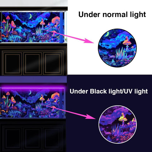 24X12IN Blacklight Mushroom Flower Black Light Aquarium Background, UV Fish Tank Background Moonlight Mountain Forest Landscape Terrarium Backgrou...
