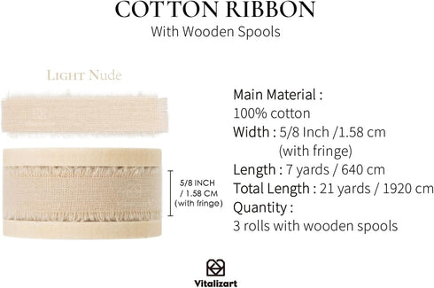 Vitalizart 3 Rolls Handmade Fringe Natural Cotton Ribbon 5/8" x 21Yd Light Nude Eco-Friendly Ribbons for Wedding Invites Bridal Bouquets Gift Wrap...