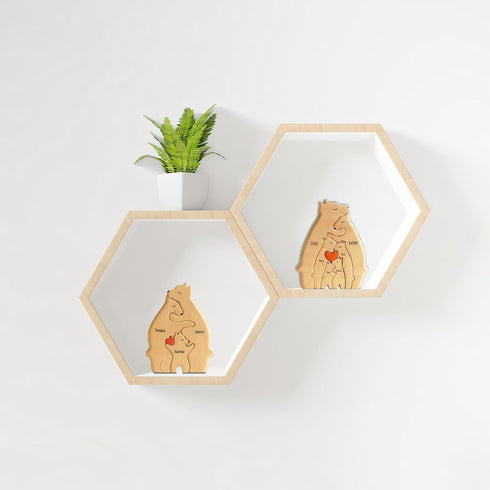 Personalized Bear Family Wooden Art Puzzle, Wooden Bear Jigsaw Puzzle with Heart Loving Family Bear Sculpture Decorative House Warming Wood Birthd...