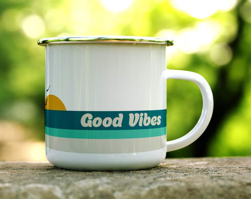 Good Vibes Retro Camper Enamel Mug, Camping Coffee Mug, Beach Surf Lover Gift, Camp Outdoor Mug (12oz)...