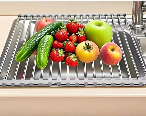 Roll Up Dish Drying Rack, Stainless Steel and Silicone Dish Drying Mat Over The Sink Foldable Drain Rack Multipurpose Dish Drainer for Kitchen, 14...