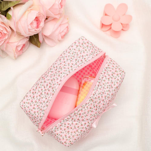 Quilted Makeup Bag, Floral Cosmetic Bag Cute Handmade Aesthetic Pink Toiletry Bag Flower Coquette Accessories Cotton Pouch for Women?Pink Medium?...