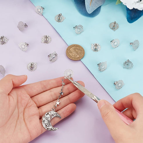 UNICRAFTALE 30pcs 304 Stainless Steel Stud Earrings with Loop Bohemian Hollow Flat Filigree Earrings Posts with Hole Ear Nuts Metal DIY Earring Ac...