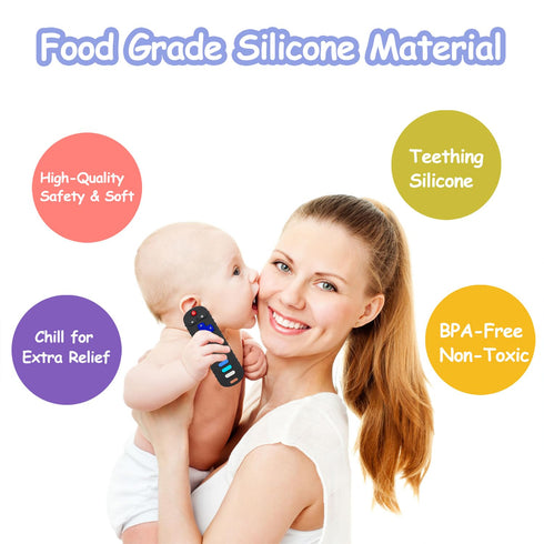 Baby Teething Toys, Food Grade Silicone Teether for Babies 3 6 12 18 Months, TV Remote Shape Toddlers Chew Toys, Freezer BPA Free (Black+Blue)...