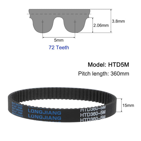 uxcell HTD5M-360 Rubber Timing Belt 72 Teeth Closed Loop Pulley Timing Belt 15mm Width, 360mm Pitch Length Synchronous Belt...