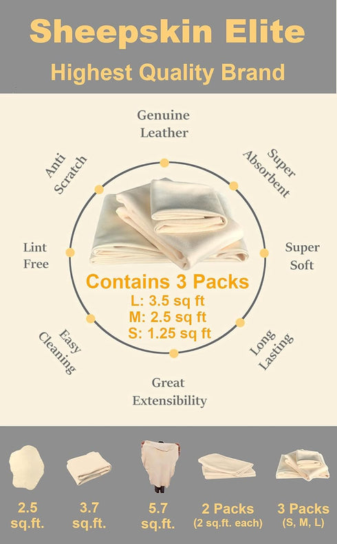 Chamois Drying Cloth Car Drying Towel Real Leather Super Absorbent Fast Drying Natural Chamois Car Wash Cloth Accessory (7.25 SQ FT in Total)...