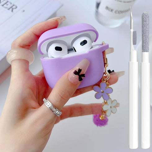 Cute Purple Case for Airpods 3rd Generation Cover for girl Women with Pom pom Flower Keychain & Cleaner Kit, Soft Silicone Airpods iPod 3rd Gen Pr...