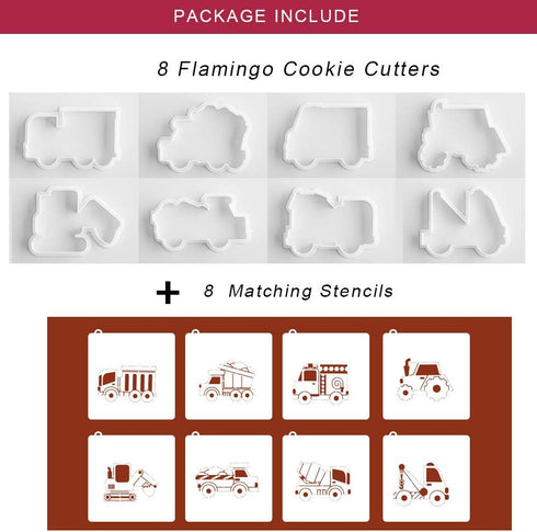 Transportation/Vehicles Cookie Cutters with Matching Cookie Stencils -Set of 16-8Pcs Cookie Cutter and 8Pcs Stencils, Include Truck, Tractor, Fire...