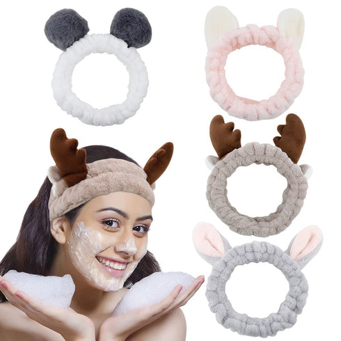 AHONEY Animals Ears Headbands, Cute Makeup Spa Fuzzy Skincare Headband for Washing Face Headband for Women Girls Coral Fleece Elastic Hair Band Co...