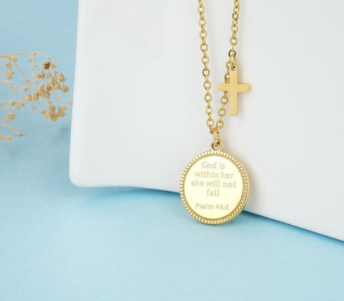 14K Gold Plated Engraved Coin Pendant Necklace for Women Christian Bible Verse Cross Necklace Prayer Faith Religious Jewelry Gifts...