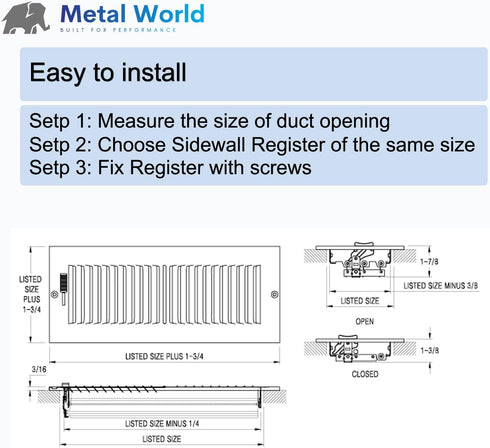 Metal World 10"x4" 2-Way 1/2" Fin Steel Register...