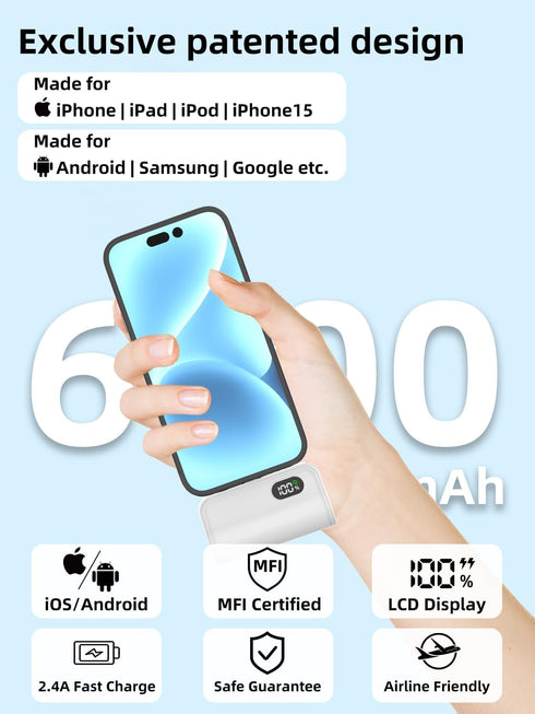 6000mAh Small Power Bank Portable Charger with Built-in Lighting&USB-C Connector for iPhone&Android Phone,Battery Pack Travel Phone Charger,Compat...