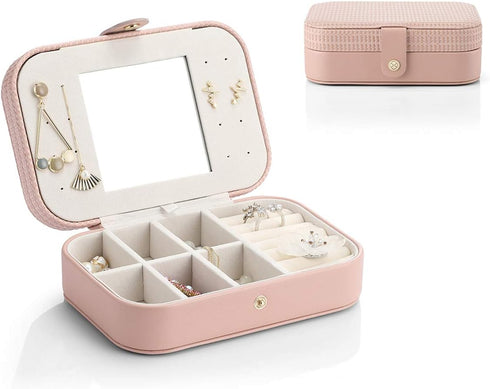 Vlando Small Travel Jewelry Box Organizer - Faux Leather Display Storage Case for Necklaces Earrings Rings, Woven Pink...