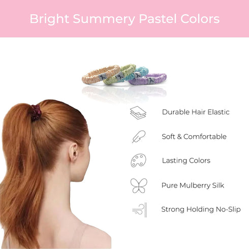 Soft Mulberry Silk Non Slip Colorful Scrunchies 4 Pack-Thin Elastic Ponytail Girls Hair Ties | Skinny Slim Srunchie for Thin & Thick Hair | No Cre...