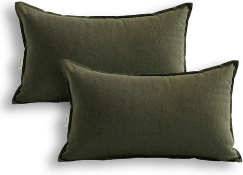 Jeanerlor Cotton Linen Square Decorative Throw Pillow Case Cushion Cover with Twin Needles Stitch on Edge, 12"x20"(30 x 50cm), 2 Pcs, Olive Green...