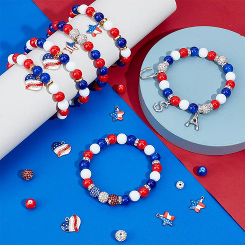 SUNNYCLUE 180Pcs DIY 6 Sets USA Bracelets American Flag Charms Beading Bracelet Making Kit 10mm Red Blue White Beads 4th of July Independence Day ...