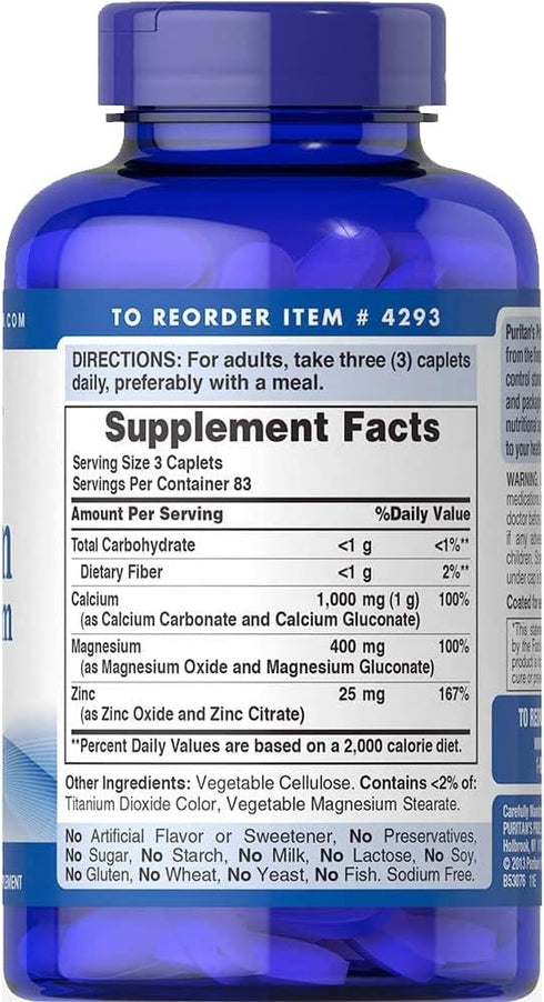 Puritan's Pride Chelated Calcium Magnesium Zinc, Plays a Role in Bone Health and Helps Support Immune Function, 250 Count...