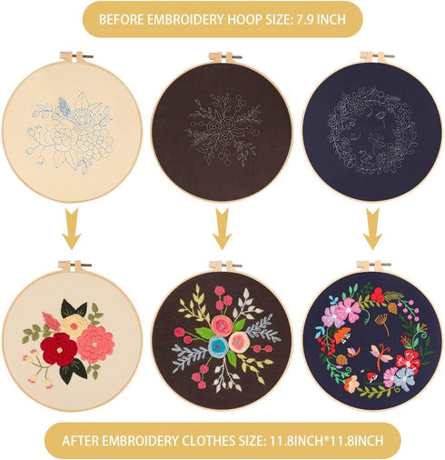 GOKURVG Embroidery Starter Kit with Floral Pattern and Instructions Hoops Floss Threads Needles,3 Pack Cross Stitch Kits Embroidery Kit for Adults...