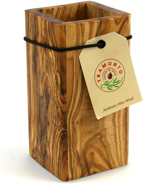 Tramanto Olive Wood Utensil Holder - Compact 3 x 3 Inch Square Wooden Crock for Kitchen Tools and Cooking (6 Inch Tall)...