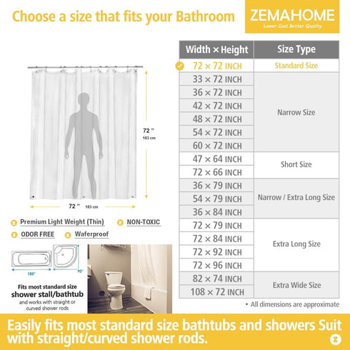 Clear PEVA Plastic Shower Curtain Liner Premium Light Weight 72" x 72" Transparent Bathroom Shower Showroom Curtain Liner with Rustproof Metal Gro...