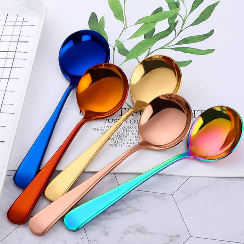Broth Round Spoon Set, 8-Piece Reusable Stainless Steel Dinner Table Cereal Soup Spoon, Camping Ramen Spoons...