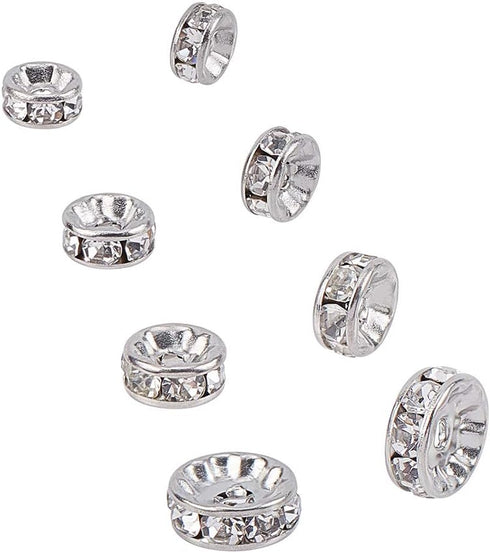 UNICRAFTALE 40pcs 4 Sizes 6mm/7mm/8mm/10mm Disc Spacer Beads 316 Stainless Steel with Clear Crystal Rhinestone Beads Flat Round Bead Spacer for Je...