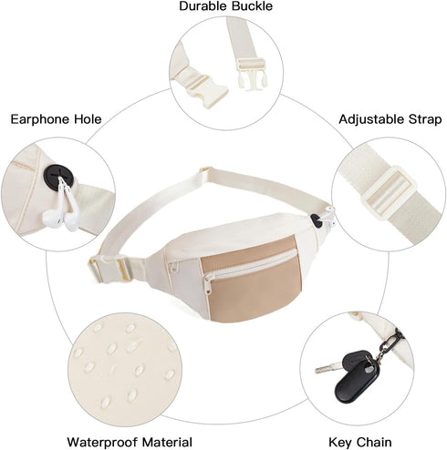 Telena Crossbody Fanny Pack for Women Men Fashion Waist Pack Belt Bag with 4-Zipper Pockets for Hiking Running Travel, Beige-Khaki...