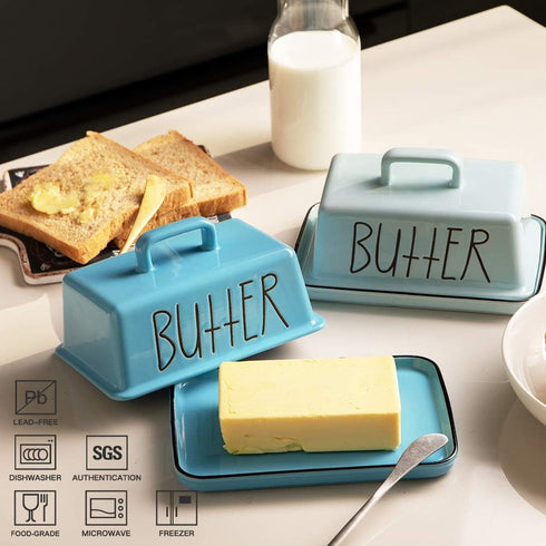 Sweejar Ceramic Butter Dish with Handle Lid, 7.3 Inch Porcelain Large Butter Keeper with Cover, Perfect for East/West Butter (Turquoise)...