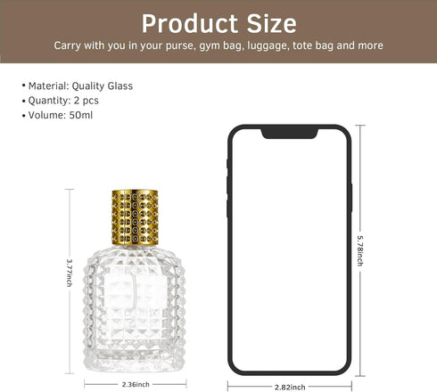 2 Pack 50ml Refillable Spray Perfume Bottles, Empty Clear Perfume Atomizer, Portable Perfume Mist Spray Bottle Travel Perfume Dispenser (50ML, Gol...